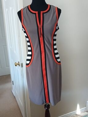 Joseph Ribkoff Taupe Dress with Orange Trim and Black-White Stripe Panels